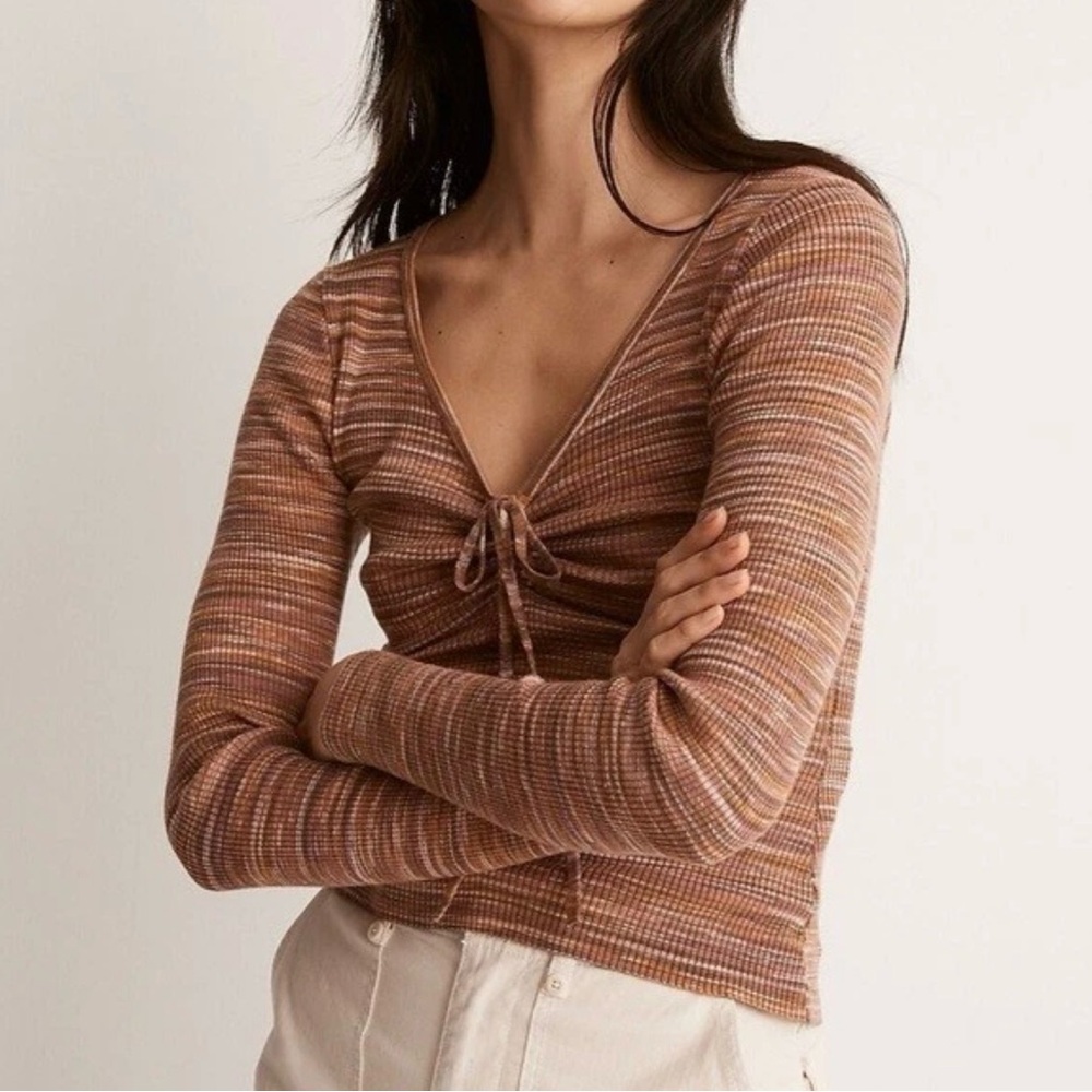 Madewell Y2K Linen Spaced Dyed VNeck Cinched Sweater Top XL Long Sleeve Mahogany